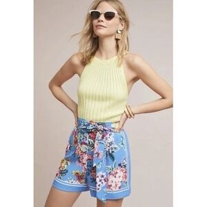 Maeve Anthropologie Blue Floral Scarf Print Tie Waist Shorts Small High Rise